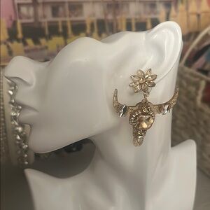 Gold Floral Bull Skull Earrings